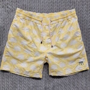 Pink House Mustique All Over Tree Print Swim Trunks Men’s size 36‎ Yellow White